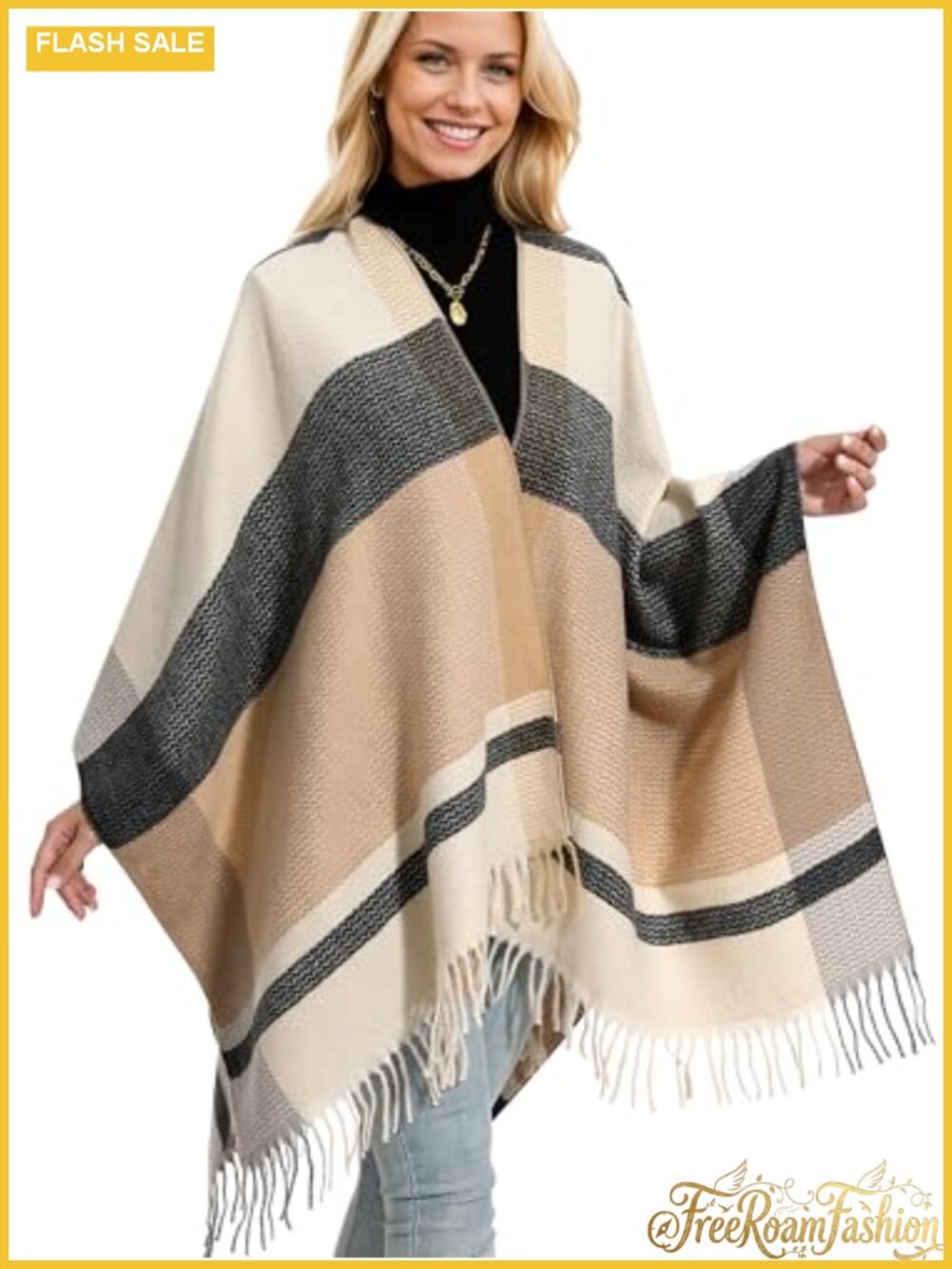 Acrylic Plaid Poncho Wrap with Tassels Shawl Collar